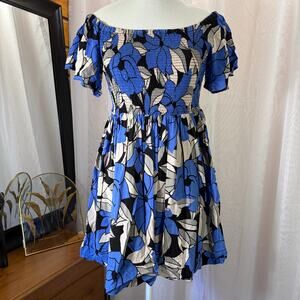 Free People Louise Smocked Mini Dress Blue Floral Off Shoulder Boho Size Small